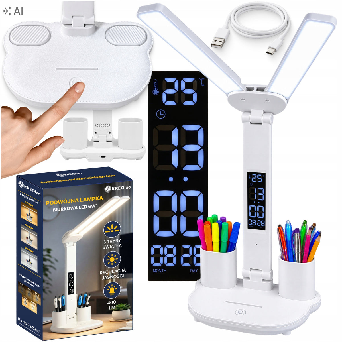 Podwójna lampka biurkowa LED z wyświetlaczem zegar organizer temp data USB lampa stołowa do pracy ściemniana biała 41