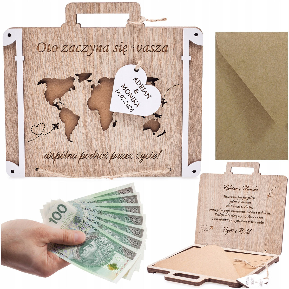 Walizka Pudełko na Pieniądze Prezent na Ślub Wesele Drewniane Grawer kasetka banknotowa upominek rocznicowy urodzinowy