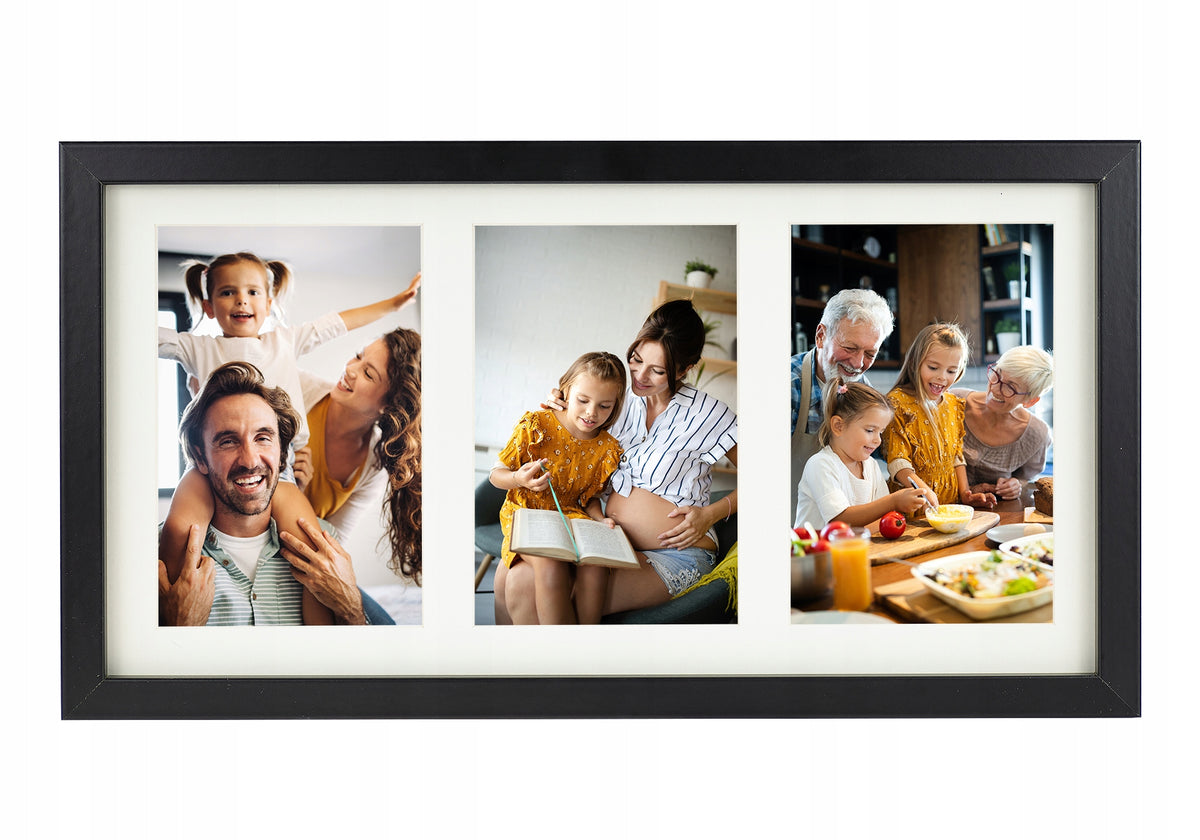 Ramka na 3 zdjęcia 10x15 galeria 18x35cm czarna potrójna oprawa fotograficzna, kolaż fotografii, dekoracja do salonu