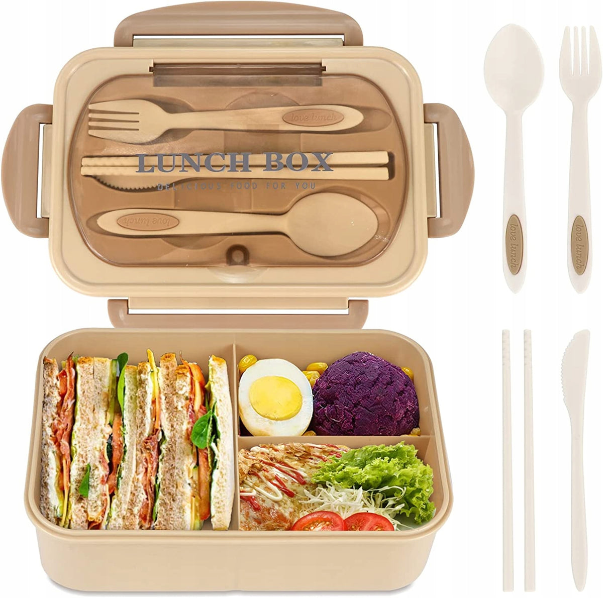 Lunchbox śniadaniówka do szkoły z 3 przegrodkami widelecem i łyżką bez BPA pojemnik na posiłek, pudełko na jedzenie