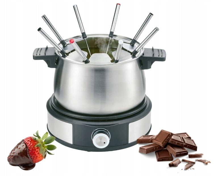 ZESTAW DO FONDUE FOUNDE 8 OSÓB ELEKTRYCZNY GARNEK ZE STALI 1500W WIDELCZYKI na ser i czekoladę, pojemność 3 l, czerwony