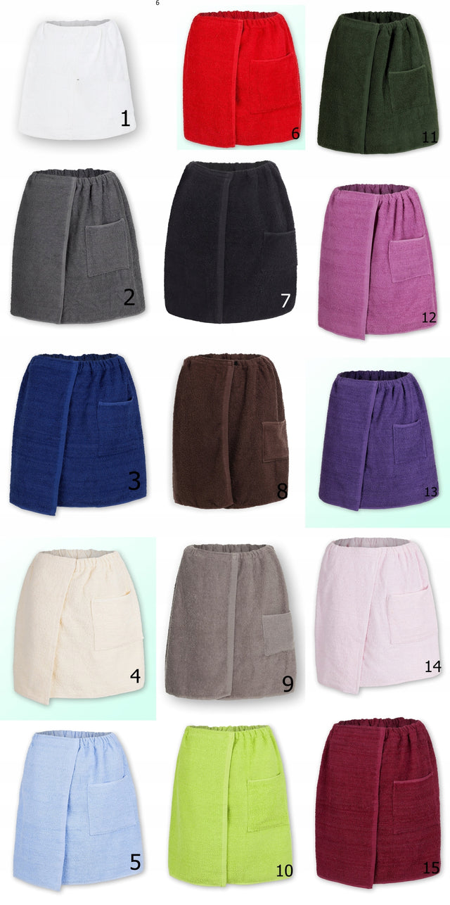 Sauna SPA kilt ręcznik wyłącznie 100% bawełna 50/140 CM w 22 kolorach pareo kąpielowe z gumką, rzepem i kieszonką, 300–400 GSM