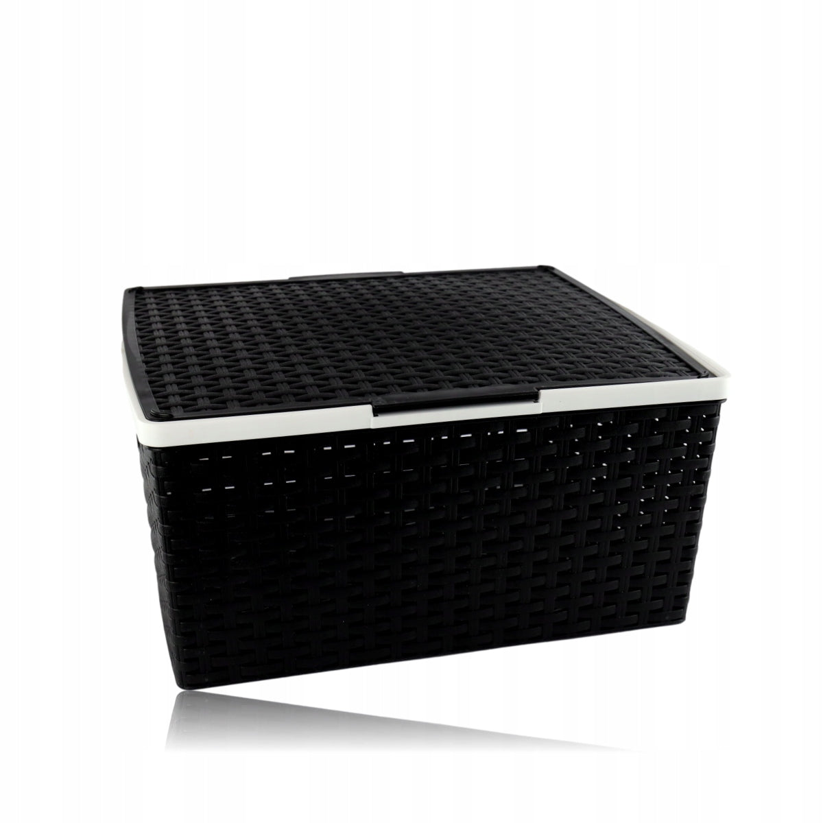 Koszyk z pokrywą Box Rattan czarny organizer pojemnik na drobiazgi, uniwersalny, 6 l, tworzywo sztuczne, 32,5 × 40,5 ×