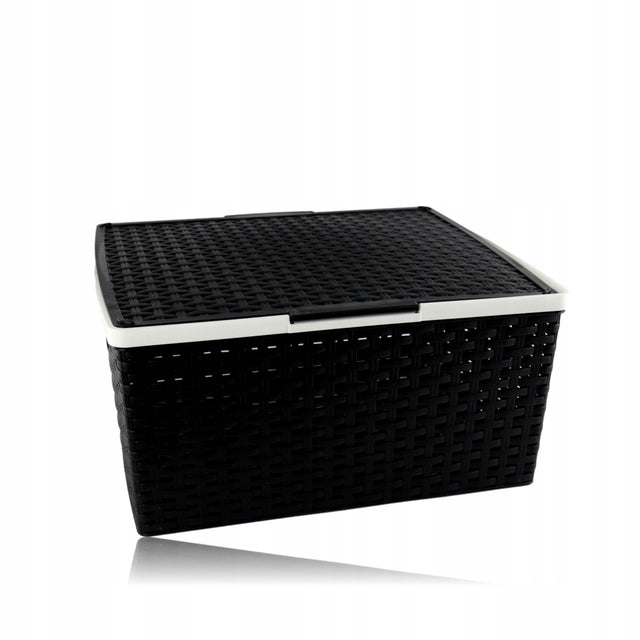 Koszyk z pokrywą Box Rattan czarny organizer pojemnik na drobiazgi, uniwersalny, 6 l, tworzywo sztuczne, 32,5 × 40,5 × 19,5 cm