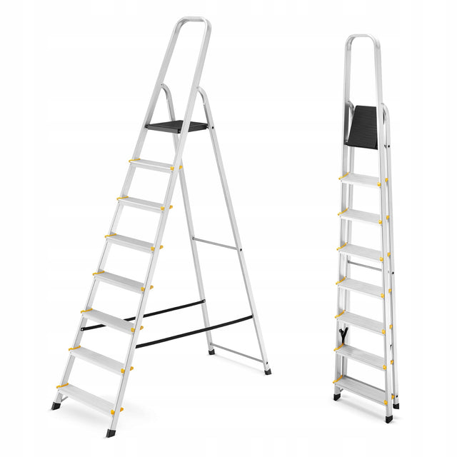 Drabina aluminiowa domowa jednostronna schodki higher 8 stopni 125kg do remontu i prac malarskich, podest 162 cm, wysokość robocza 3,62 m