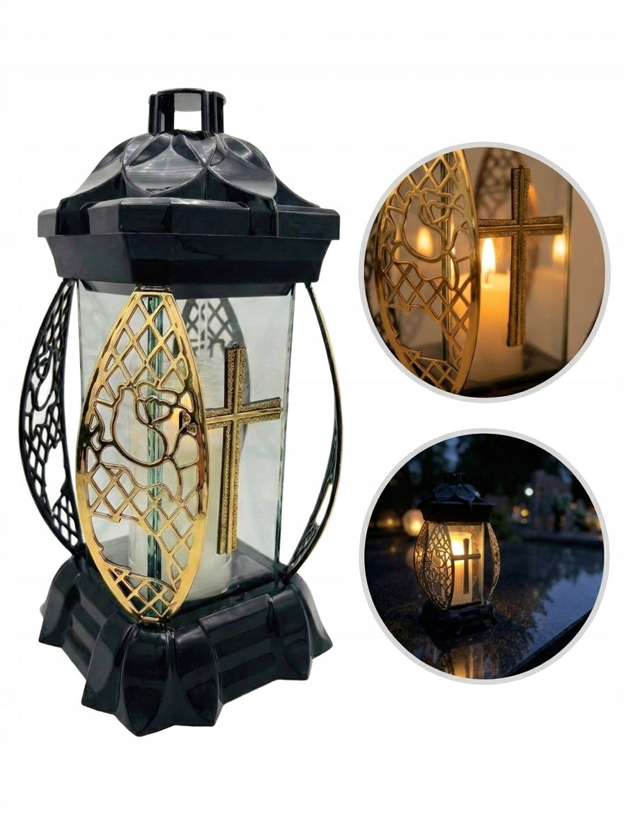 Znicz szklany czarny duży kapliczka lampion na grób cmentarz Złoty Krzyż ozdoba nagrobna, wysokość 25 cm