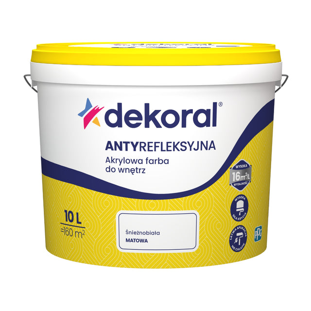 Dekoral Antyrefleksyjna Farba biała akrylowa matowa do ścian i sufitów 10l emulsja malarska, wydajność do 160 m²
