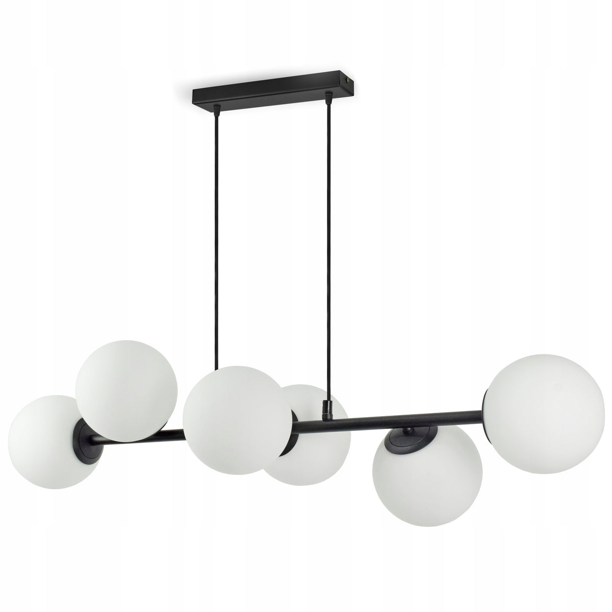 Lampa Sufitowa Wisząca Żyrandol nad stół Szklane Białe Kule 561-O6 Czarna do jadalni i salonu, 6-punktowa, gwint G9