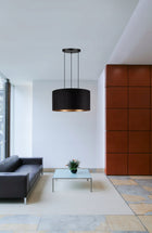 Lampa wisząca duża abażur XL 60cm welur czarny złoty żyrandol sufitowy 3-punktowy, oprawa E27 z tkaniny do salonu