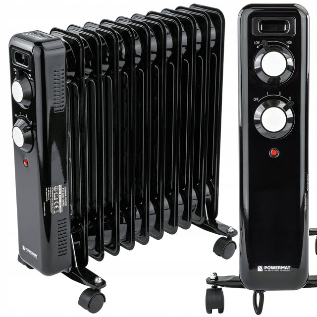Grzejnik olejowy elektryczny 2500W 11 żeber kaloryfer mocny termostat kółka 450 mm 495 mm grzewcza czarny