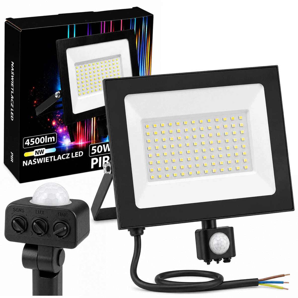 Naświetlacz LED 50W Halogen z czujnik ruchu Zmierzchu 4500lm 4000K Czujka lampa zewnętrzna IP44, reflektor do ogrodu