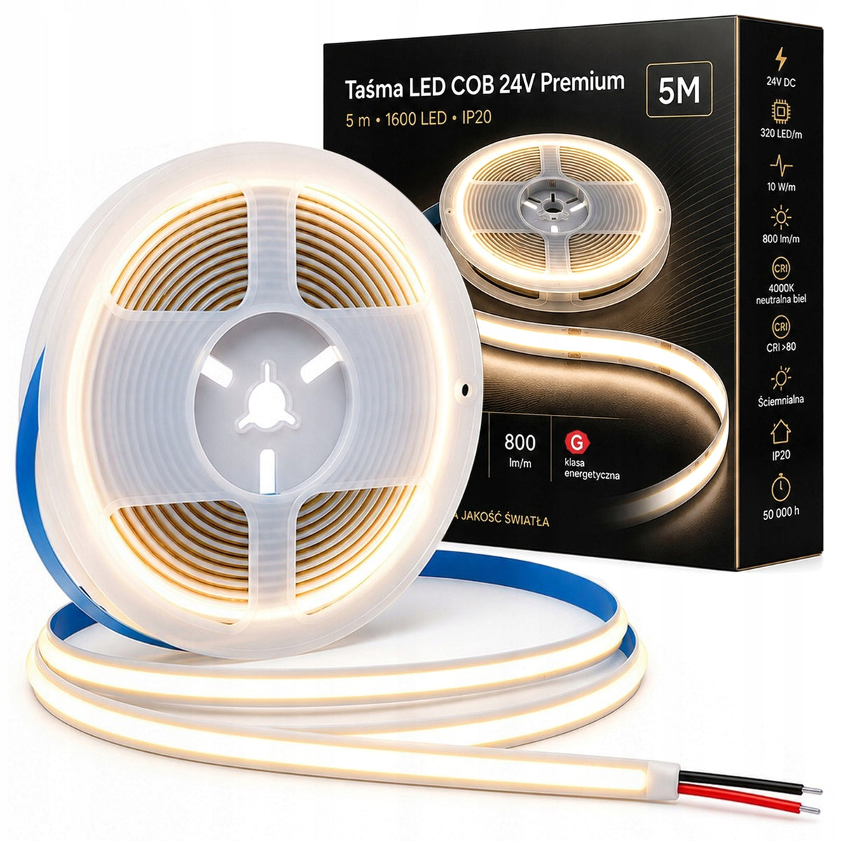 Taśma LED Neon COB 24V 320 diod 4000K 50W 5m Rolka Biała Neutralna 8mm elastyczna listwa świetlna do podświetlenia