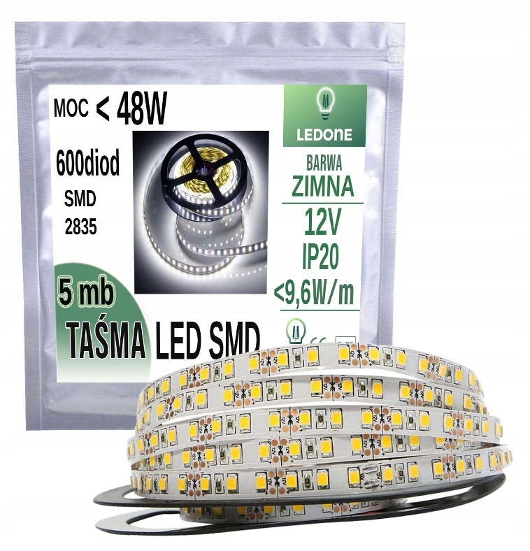 Taśma LED SMD 2835 600 5m ip20 biała zimna pasek świetlny do mebli, wnęk i kuchni, oświetlenie dekoracyjne 12 V 48 w