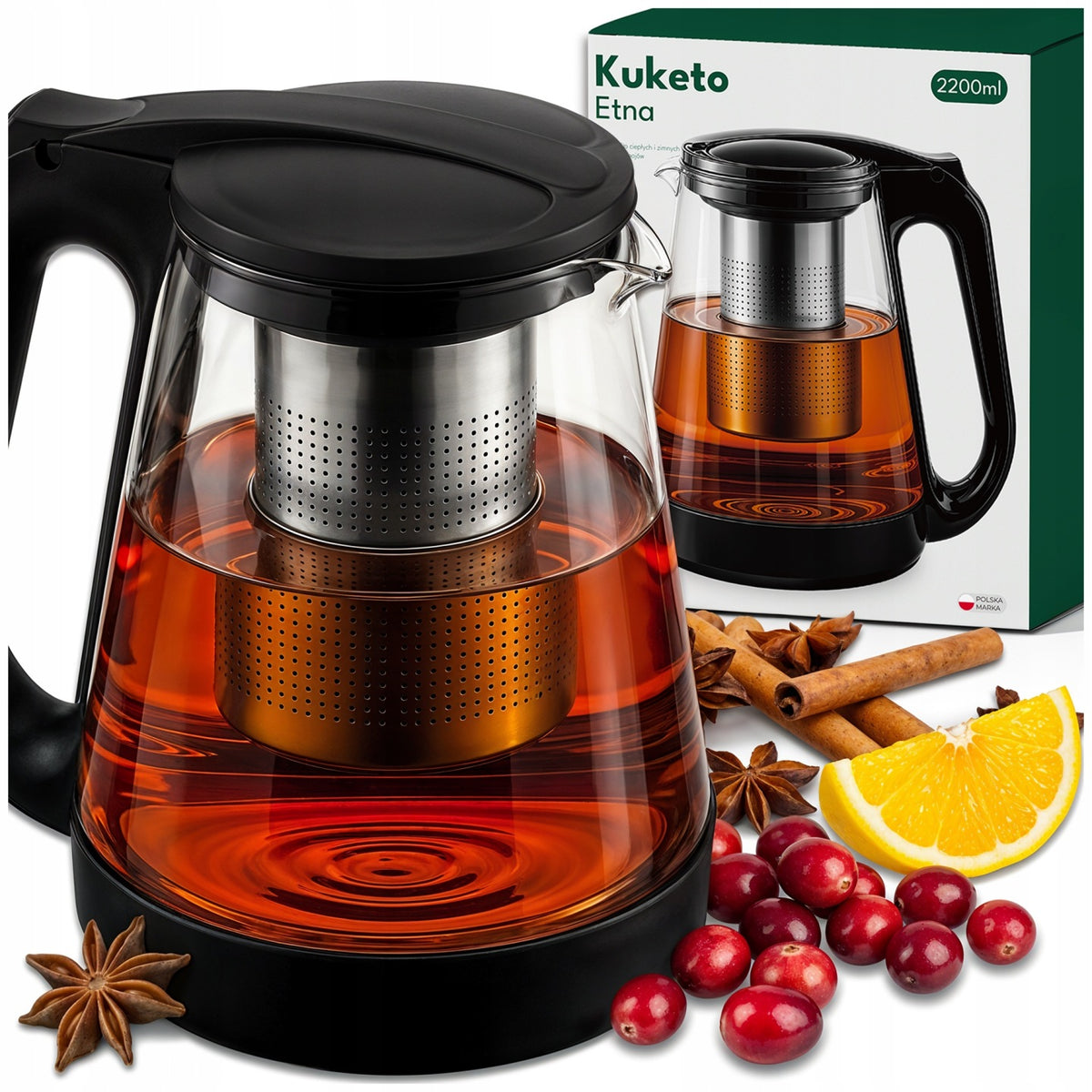 Dzbanek do herbaty szklany zaparzacz stalowy czajnik żaroodporny 2200ml zaparzacz dzbanek 2200 ml bezbarwny, czarny