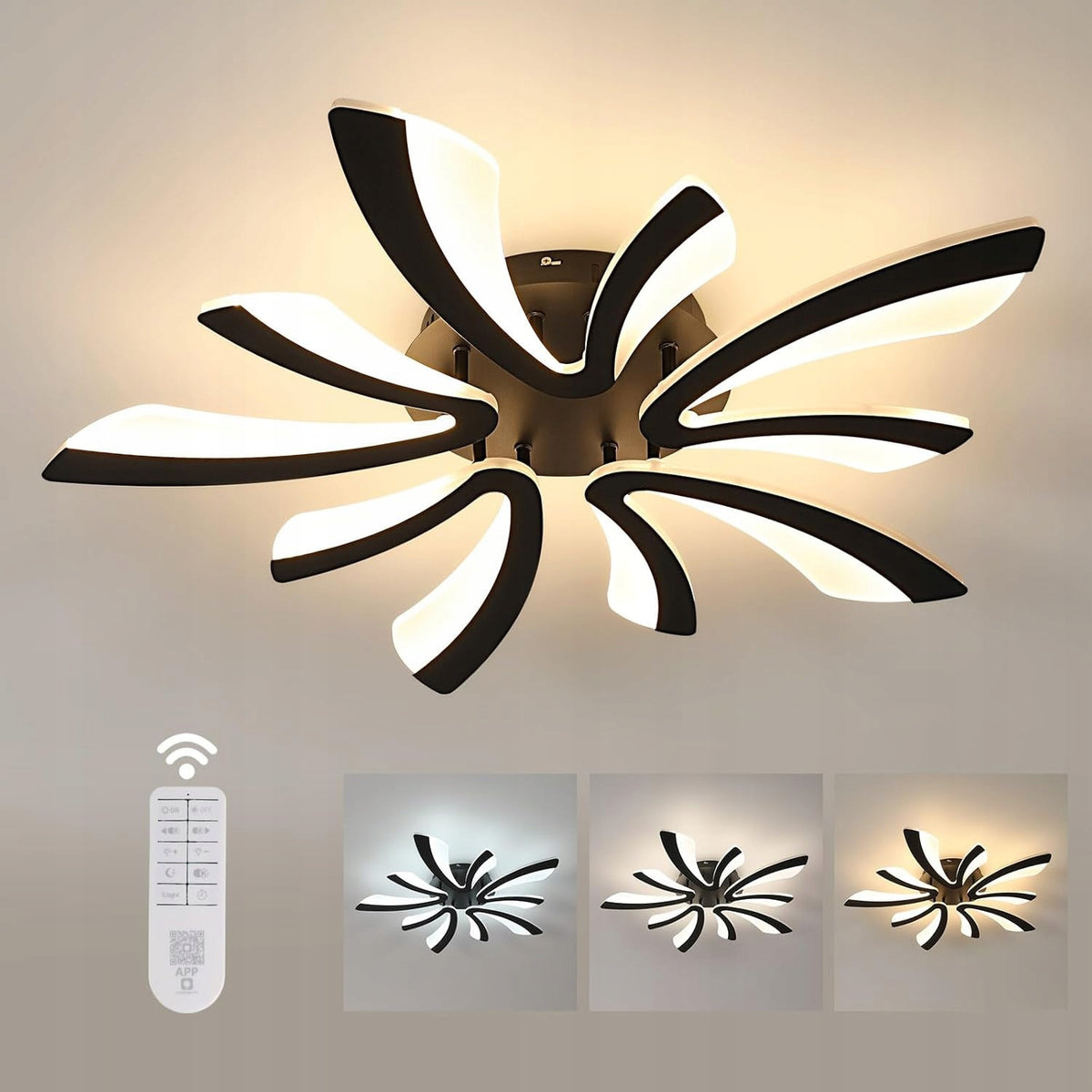 Lampa Sufitowa Czarna LED Żyrandol z Pilotem Nowoczesna do Salonu 48W oprawa wisząca, 5 punktów świetlnych, metalowa