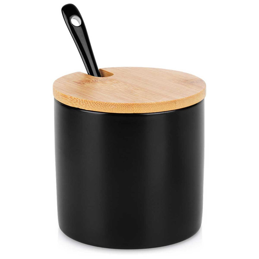 CUKIERNICA CUKIERNICZKA CERAMICZNA Z ŁYŻECZKĄ CZARNA 139681 pojemnik na cukier, okrągły, 250 ml, do kawy i herbaty