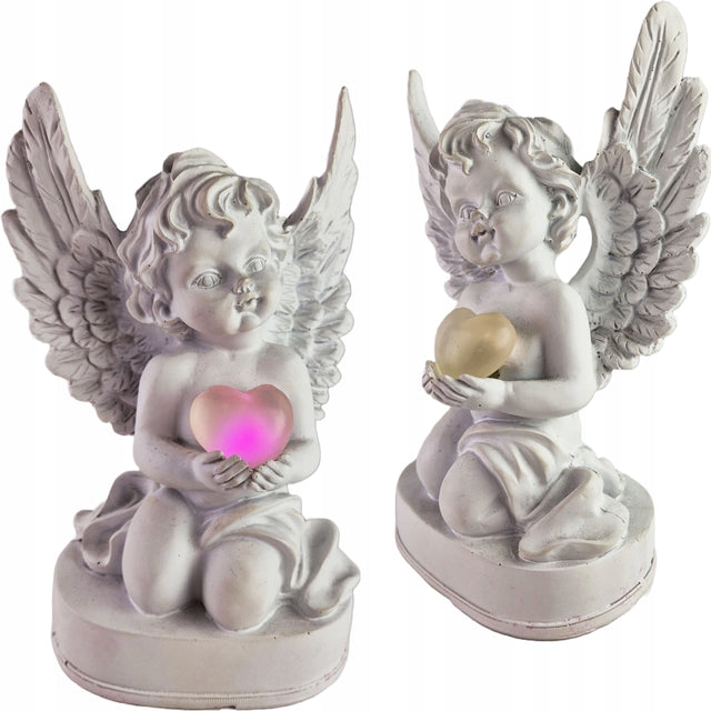 Aniołek z sercem LED wkład grób znicz anioł podświetlany świecący zniczy figurka nagrobna, dekoracja na cmentarz, biała ozdoba 21 cm