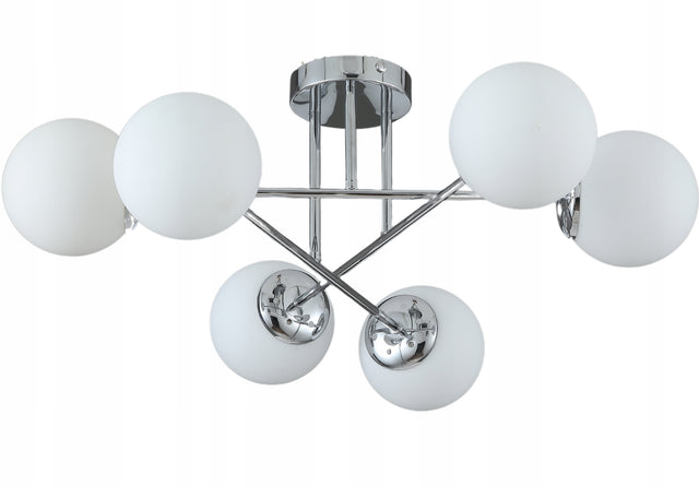 Lampa wisząca sufitowa żyrandol kule chrom nowoczesna Led mleczna plafon do salonu i sypialni, 6-punktowa, szklane klosze, gwint E27
