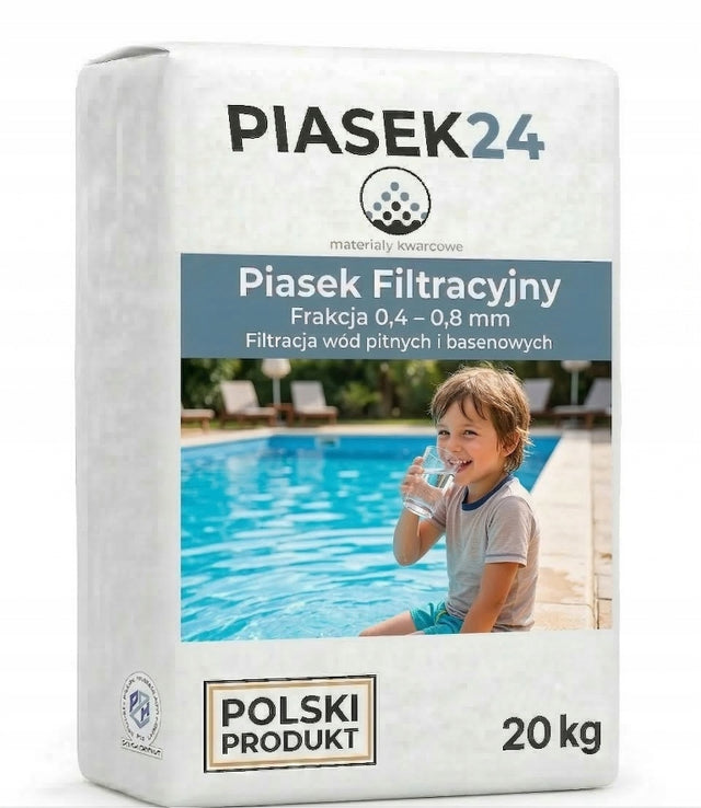 Piasek kwarcowy premium do filtrów wody pitnej i basenów 20 kg 0,4-0,8 mm wiek 12 m+ do piaskownicy, zabawy dzieci, filtracja wody basenowej, żwir