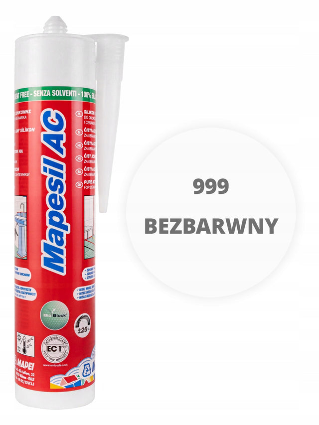Silikon sanitarny mapei Mapesil AC 999 bezbarwny 310 ml uszczelniacz do łazienki i kabiny prysznicowej, wodoodporny, grzybobójczy