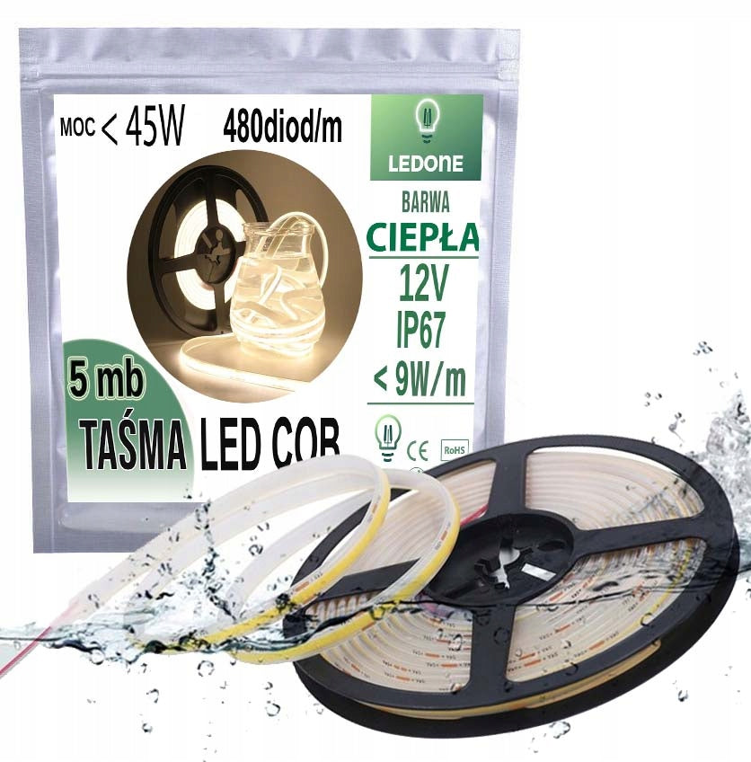 Taśma termococon LED COB 12V wodoodporna IP67 ciepły linia światła WW 5m pasek diodowy, podświetlenie mebli