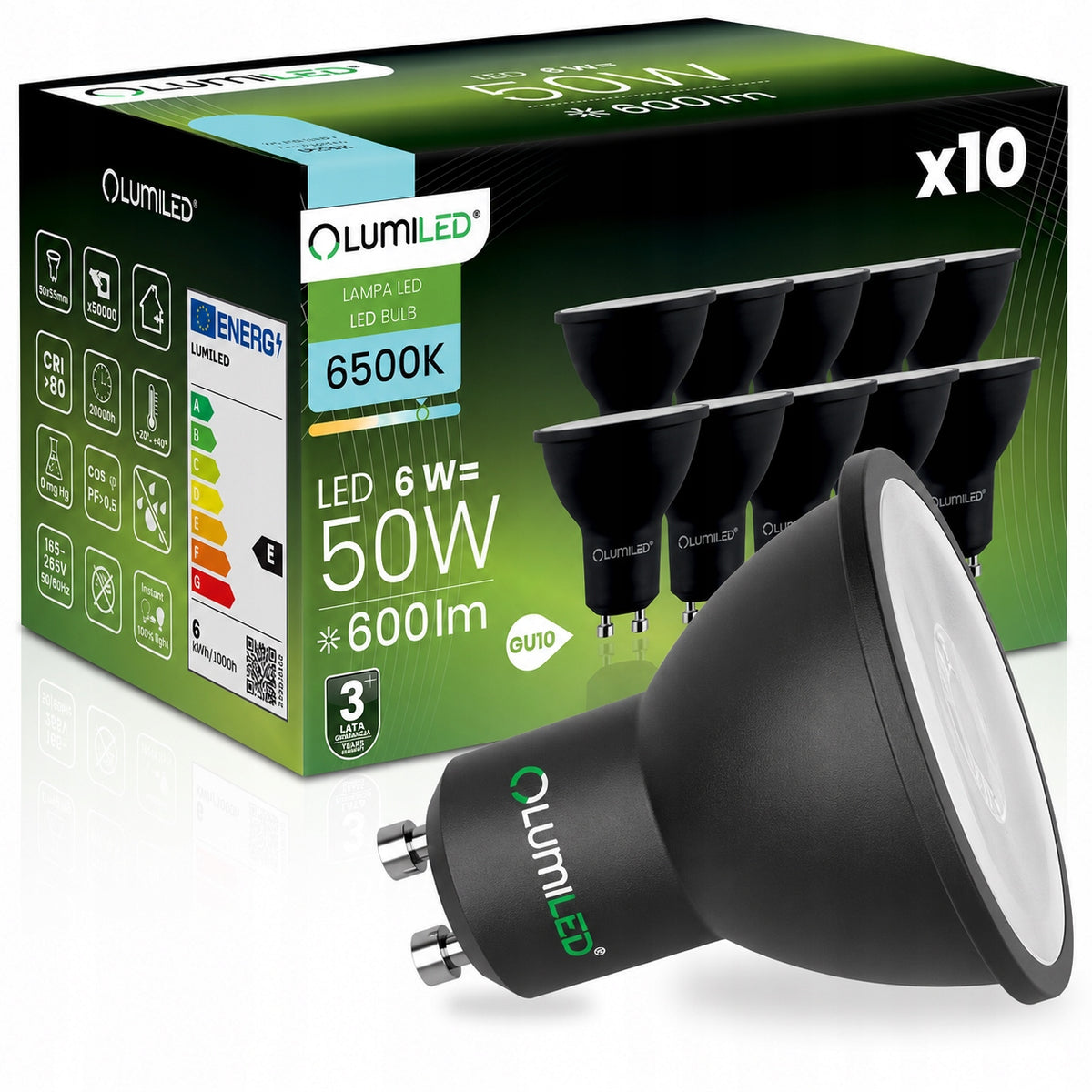 10x Żarówka LED GU10 6W biała zimna 6500K mocna niemrugająca premium czarna reflektor 600 lm do lamp i opraw punktowych