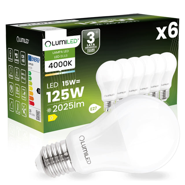 6x Żarówka LED E27 A60 15W = 125W 2025lm 4000K Neutralna 260° lumiled do lamp i plafonów, oświetlenie domowe, klasyczny kształt