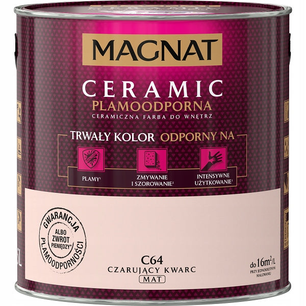 Magnat ceramic farba ceramiczna do wnętrz czarujący kwarc C64 2,5l powłoka ścienna, różowa, matowa, wydajność 16 m²/l