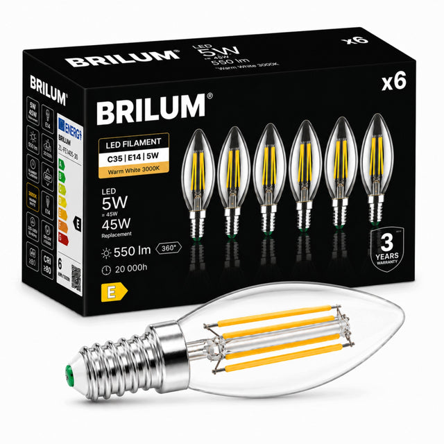 6x Żarówka LED C35 E14 5W = 45W 550lm 3000K 360° filament świecowa do żyrandola i kinkietu, ciepłe białe światło