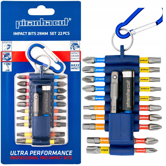 Zestaw bitów udarowych magnetyczne końcówki piranhacut 29mm 22szt uchwyt do wkrętarki, imbusowe, krzyżakowe PH PZ, torx, sześciokątne 1/4 cala