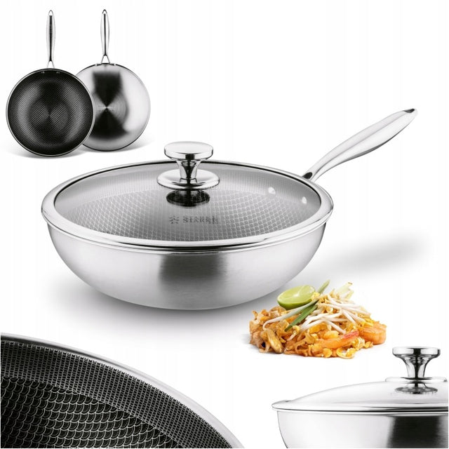 Patelnia WOK Indukcja pokrywka duży stal Starke Pro Linesta Steel 30x9cm tradycyjna 90 mm 30 cm /Wzór