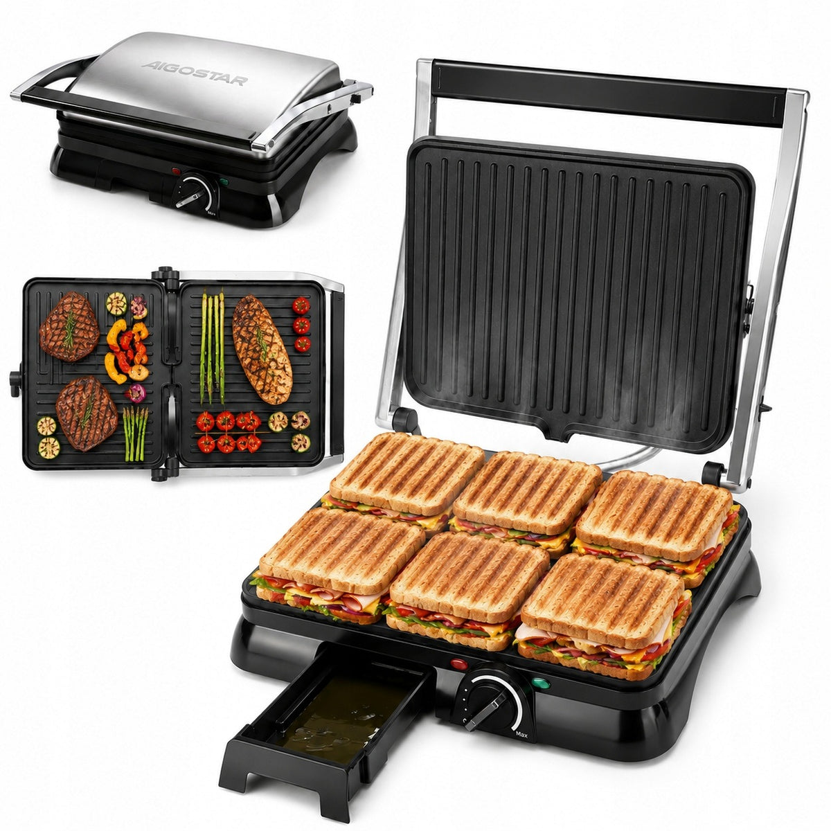 Grill elektryczny kontaktowy Panini 2000W 180° regulacja temperatury nominalna srebrny/szary