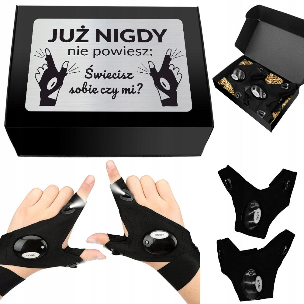 Prezent na urodziny święta mikołaj 18 20 30 40 50 60 rękawice z latarką LED gadżet dla majsterkowicza, oświetlenie bez