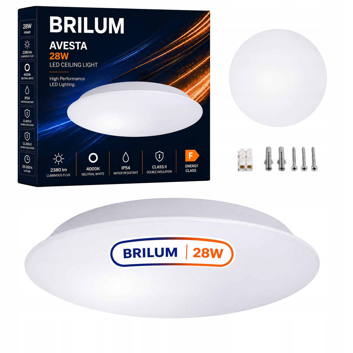 Plafon LED 28W IP54 4000K 2380lm Okrągły avesta brilum lampa sufitowa z wbudowanym źródłem światła, biała, neutralna