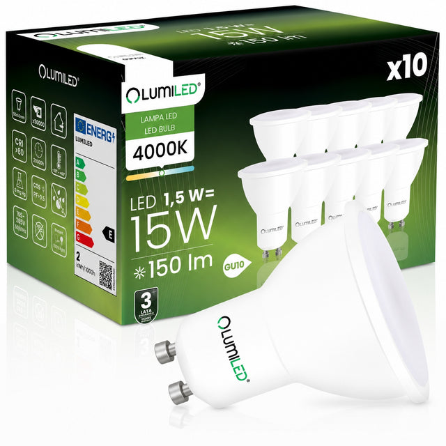 10x Żarówka LED GU10 1,5W biała neutralna 4000K żywotna NIE mruga premium reflektor, 150 lm, do opraw sufitowych i punktowych