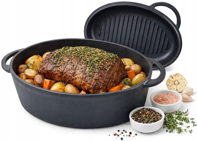 Brytfanna gęsiarka żeliwna 2W1 duża pokrywa grill indukcja GAZ garnek 34cm naczynie do pieczenia i duszenia mięs, pojemność 6,4 l