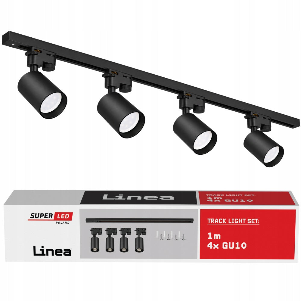Zestaw Szynoprzewód Szyna 1m + 4x Lampa GU10 LED Oświetlenie szynowe czarny system sufitowy do salonu, kuchni i