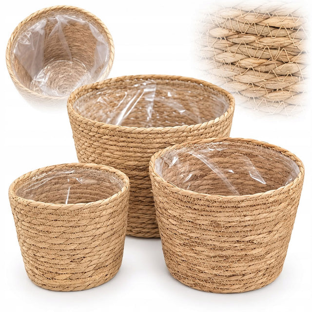 Doniczki Osłonki z Trawy Morskiej 3 szt. Boho Naturalne Koszyki na Kwiaty Beżowe pojemniki dekoracyjne 22x20 cm do roślin