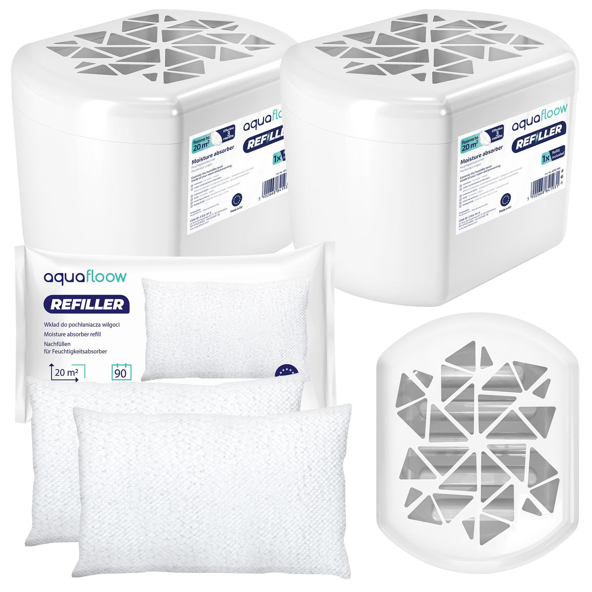 Pochłaniacz wilgoci AquaFloow Refiller 2x + 2x wkład do pochłaniacza 250g osuszacz powietrza, łazienka, piwnica