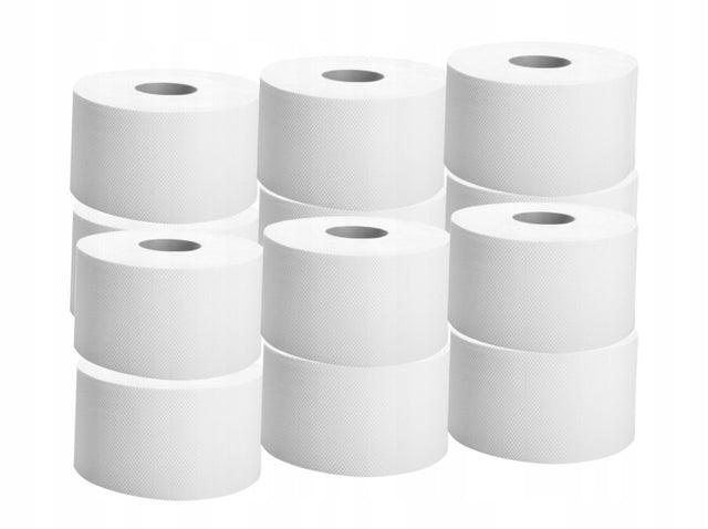Papier toaletowy celuloza jumbo 2W 90 m x 12 rolek 1080 m gruby do podajnika łazienkowego, biały, dwuwarstwowy materiał higieniczny