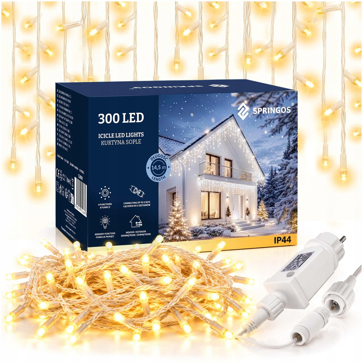 SOPLE 300LED ZEWNĘTRZNE LAMPKI ŚWIĄTECZNE FLASH KURTYNA BIAŁE CIEPŁE IP44