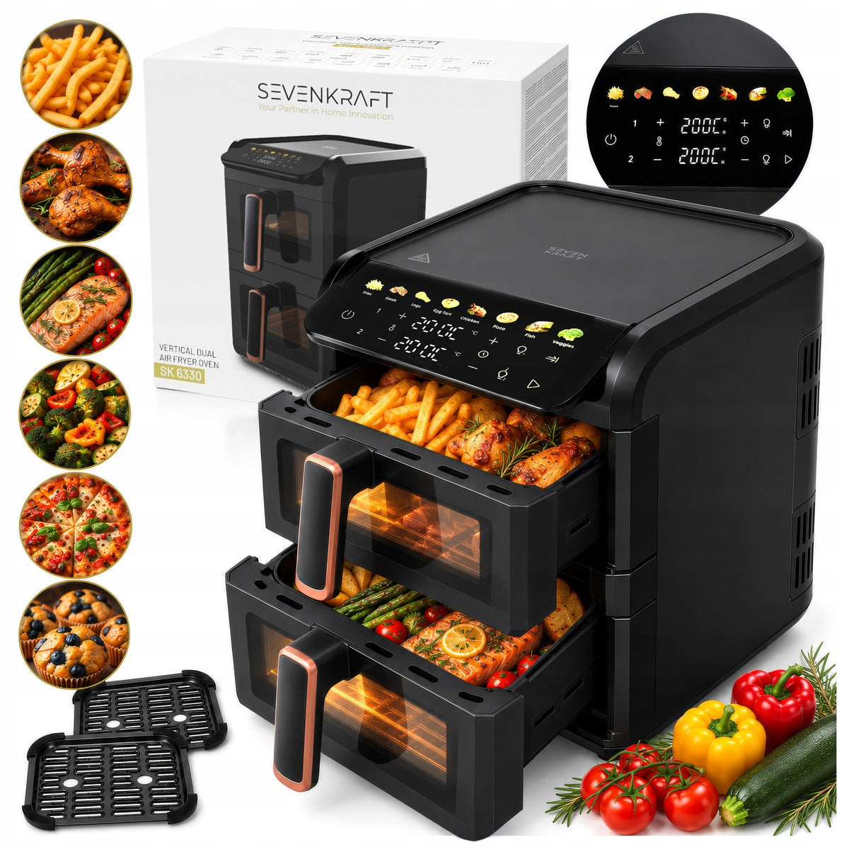 Frytkownica beztłuszczowa Air Fryer 10l 2700W 2 kosze 4l + 6l Dwukomorowa czarny