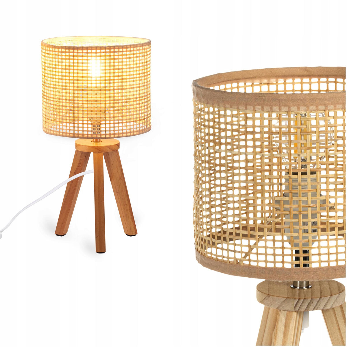 Lampka nocna stołowa LIGHTLOGIC LL VERNOK TL E14 bambus do LED boho eko lampa przyłóżkowa, abażur 16,5 cm, wysokość 31