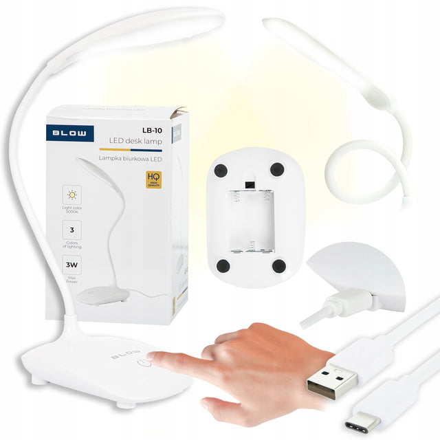 Lampka nocna na biurko szkolna LED 3 tryby na baterie bezprzewodowa USB lampa stołowa do czytania, ściemniana, wysokość 43 cm, zasilanie sieciowe