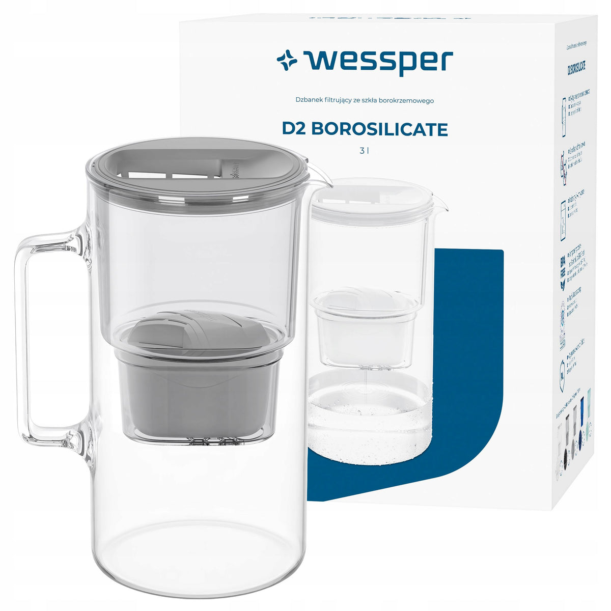 Dzbanek filtrujący szklany Wessper D2 Borosilicate 3l + 1 filtr Aquamax srebrny/szary