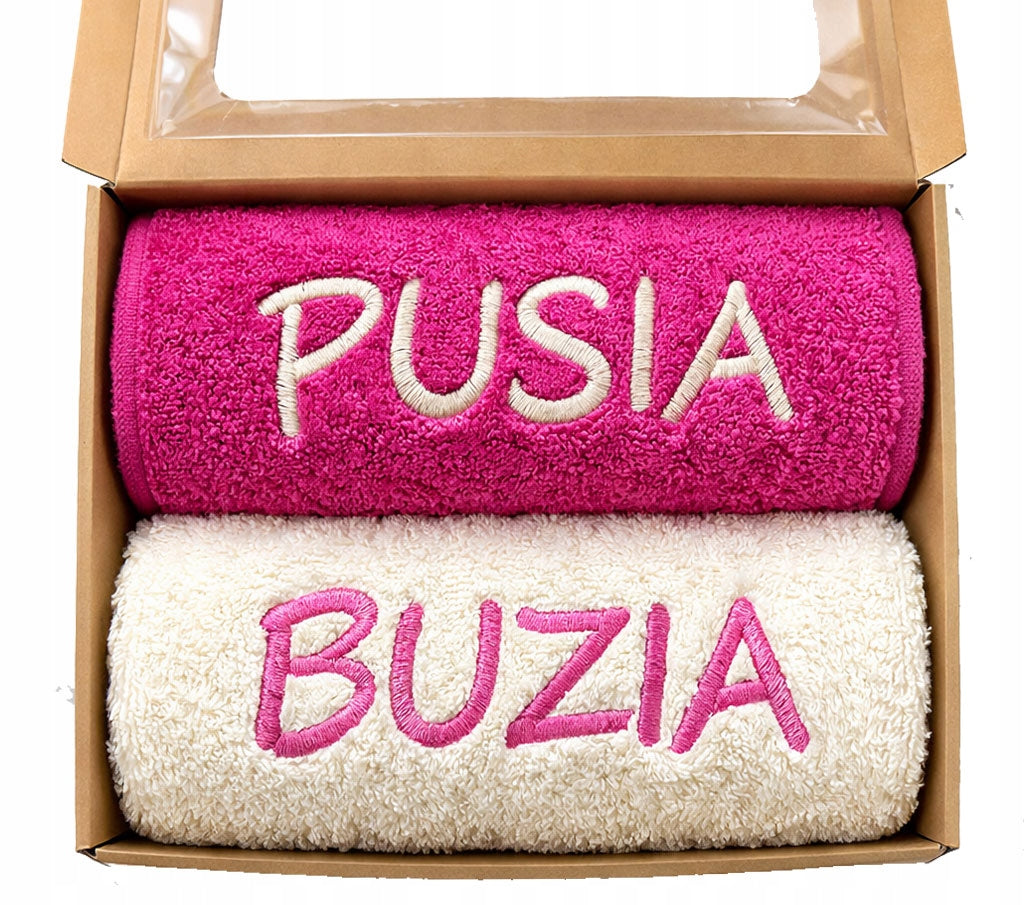 Prezent komplet ręczników kąpielowych buzia pusia 50X100 zestaw 2 sztuki tekstylia łazienkowe, upominek na urodziny, do