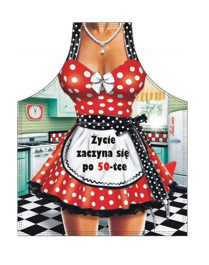fartuszek śmieszny prezent urodzinowy dla kobiety na 50 urodziny na 50-tkę fartuch z nadrukiem, zabawny upominek