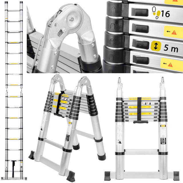 Drabina teleskopowa aluminiowa 5m składana przystawna 150kg lekka rino do prac remontowych i montażowych, malarskich, 16 szczebli, transportowa 98 cm