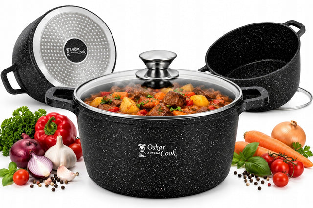 Garnek gar kocioł aluminiowy marmurkowy z powłoką marmur 24cm 6,2l na indukcję, gazową, elektryczną i ceramiczną, do piekarnika, z pokrywką