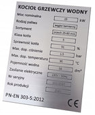 Tabliczka znamionowa na piec, kocioł C.O. klasa 5 , 4, 3 oznaczenie urządzenia grzewczego na węgiel, moc 15 kW